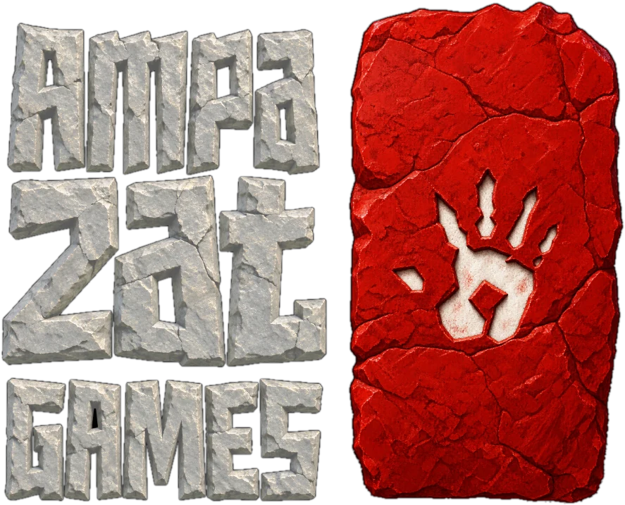 Ampazat Games logo: stone letters beside a red handprint stone